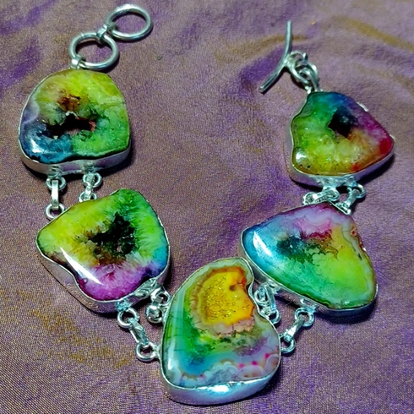 Solar agate bracelet silver rainbow colorful druzy crystal golden yellow purple - Picture 3 of 5